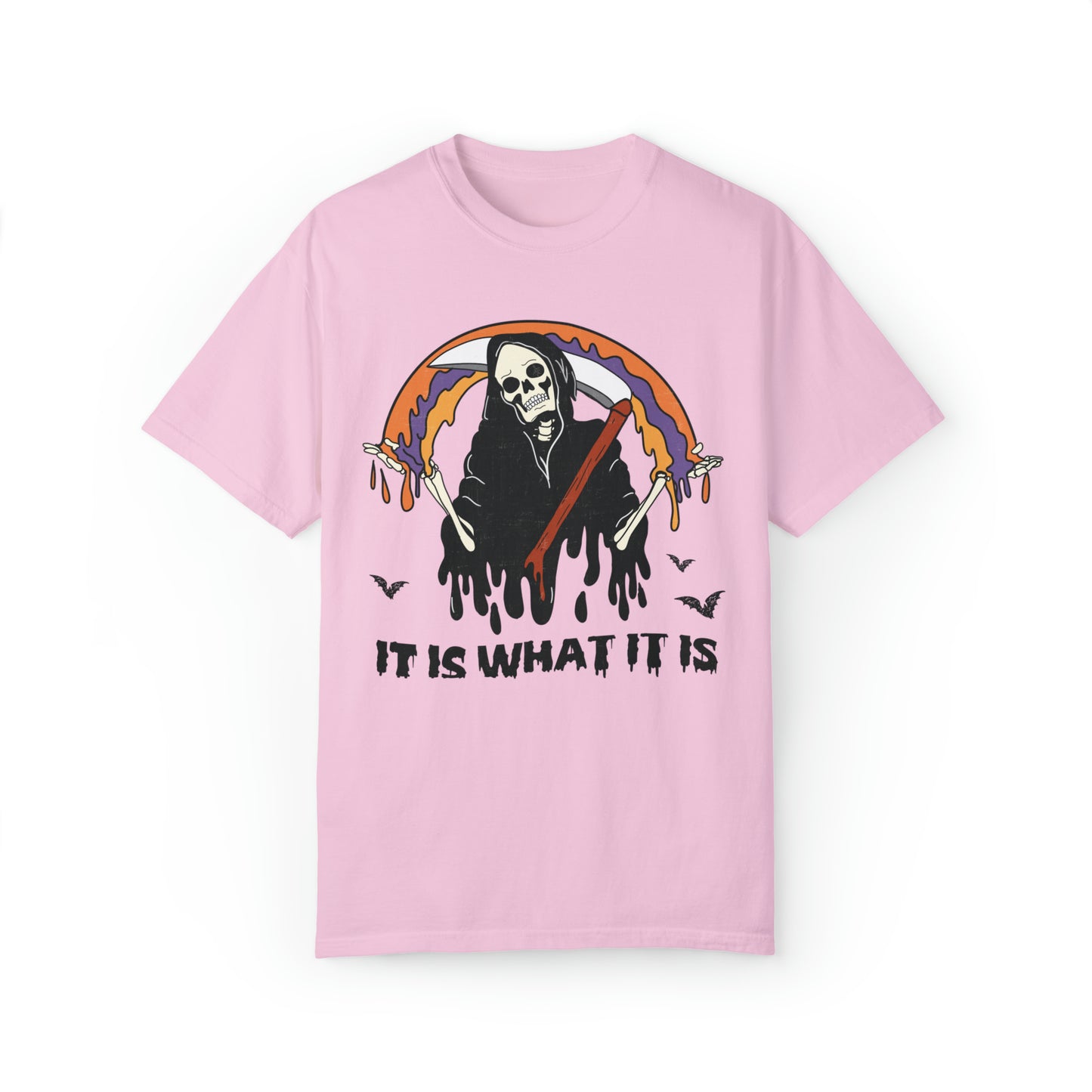 Comfort color funny skeleton grim reaper it is what it is tshirt, groovy meme halloween skeleton shirt, fall autumn graphic tee, death skull