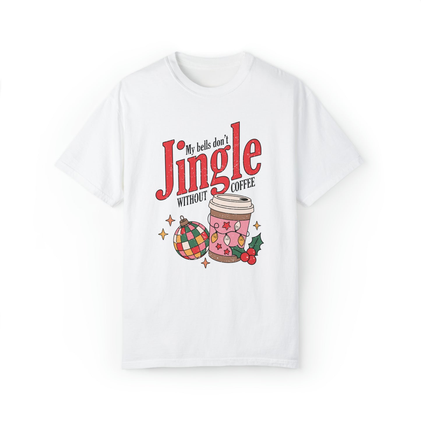 Comfort colors cute coffee lovers christmas shirt, funny jingle bells holiday tshirt, retro groovy disco xmas graphic tee, festive tis the season santa outfit