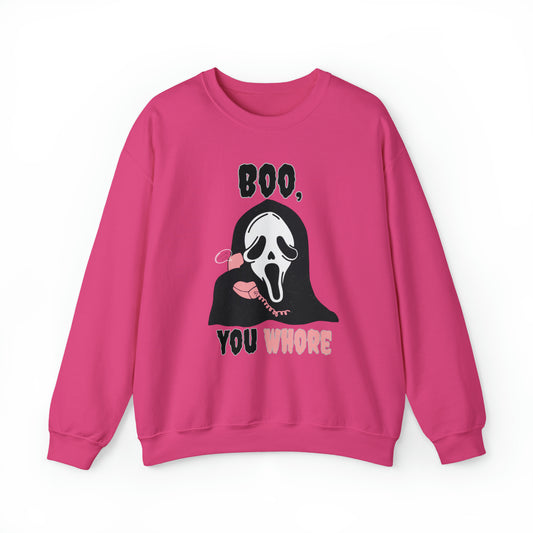 Funny boo you whore ghost face scream mean girls mash up halloween sweatshirt, vintage scary movie sweater, pumpkin patch hoody, spooky season sweats, groovy