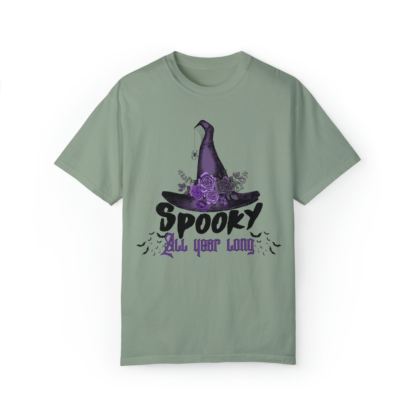 Comfort colors spooky all year long witch hat tshirt, funny halloween hoodie, cute gothic wednesday tee, party costume autumn fall outfit