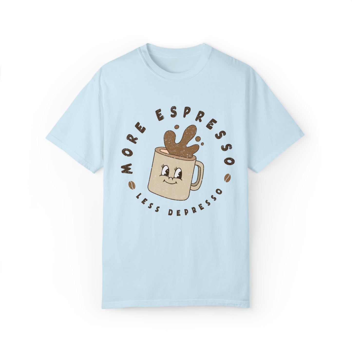 Comfort colors cute funny coffee lover pun tshirt, retro more espresso less depresso tee, groovy shirt, gift idea for her