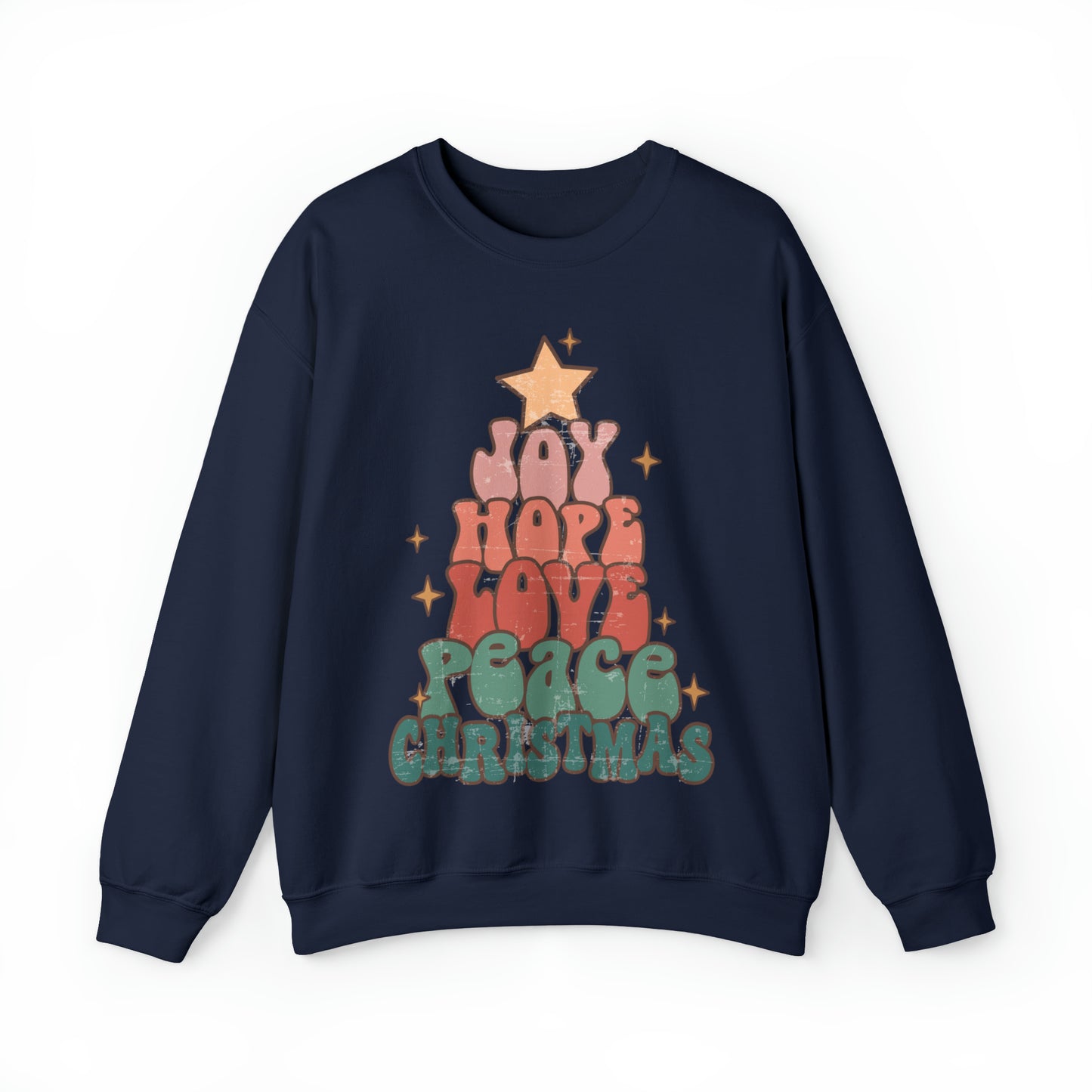 Retro Christmas tree sweatshirt, joy and love sweater, cute vintage inspired distressed graphic xmas hoodie, groovy winter holiday outfit