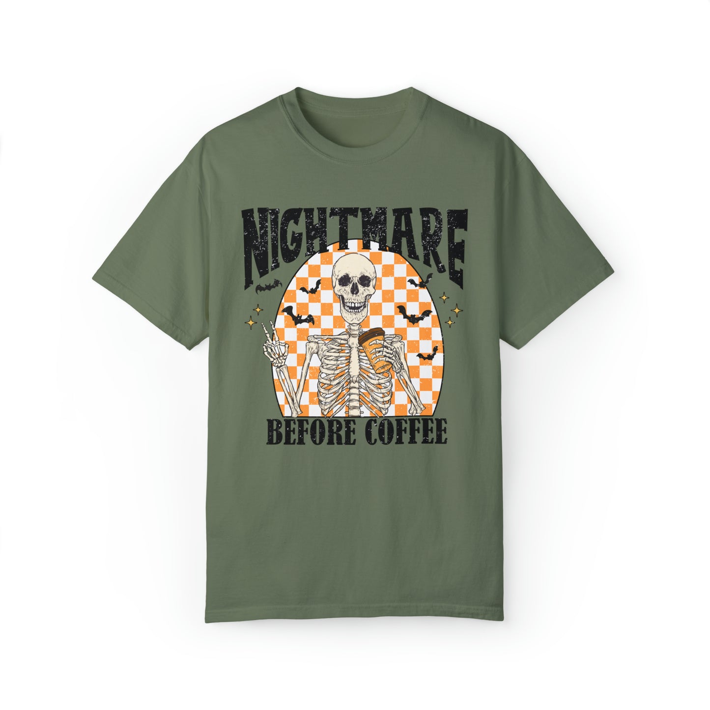 Comfort color funny retro skeleton caffiene lover halloween tshirt groovy spooky season nightmare before coffee shirt distressed graphic tee