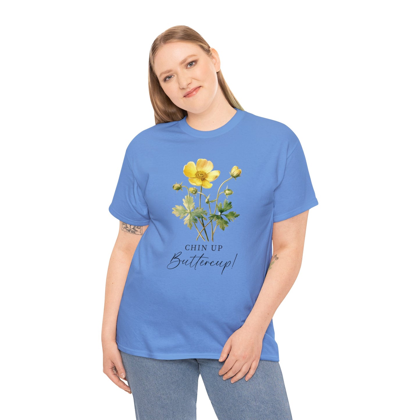 Cute minimalist wildflower tshirt, chin up buttercup postive message shirt, inspirational uplifting good vibe floral tee, happy gift for her