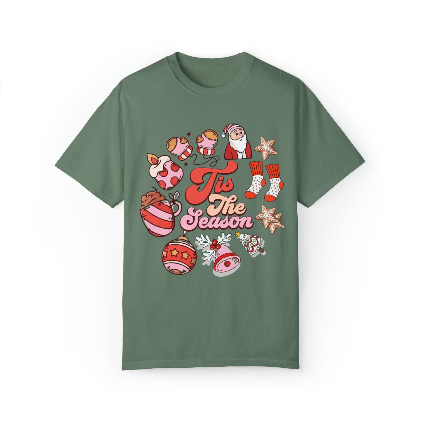 Comfort colors cute christmas tis the season jingle bells tshirt, funny santa holiday graphic tee, stockings and gifts xmas shirt, ho ho ho festive outfit