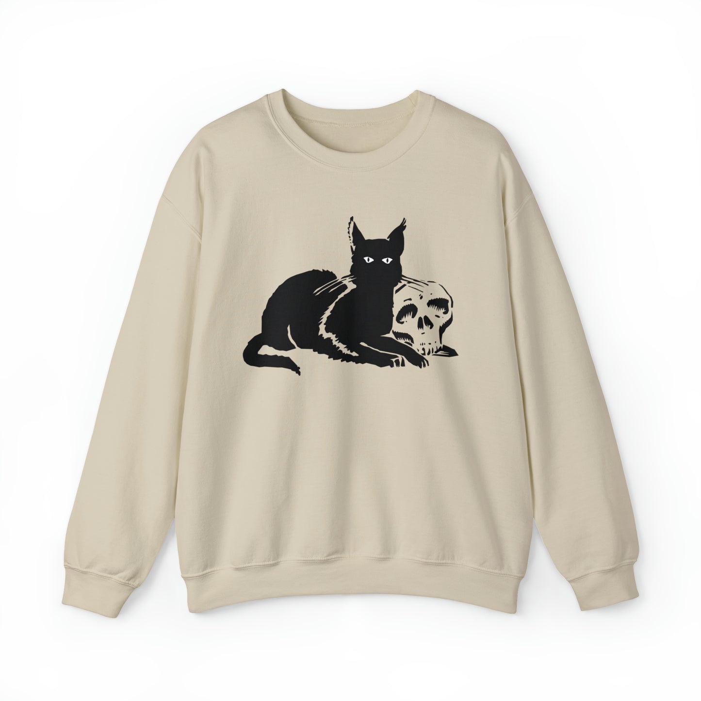 Cute spooky black cat with skull halloween sweatshirt, funny skeleton holiday hoodie, vintage inspired hand drawn sweater, boho fall autumn