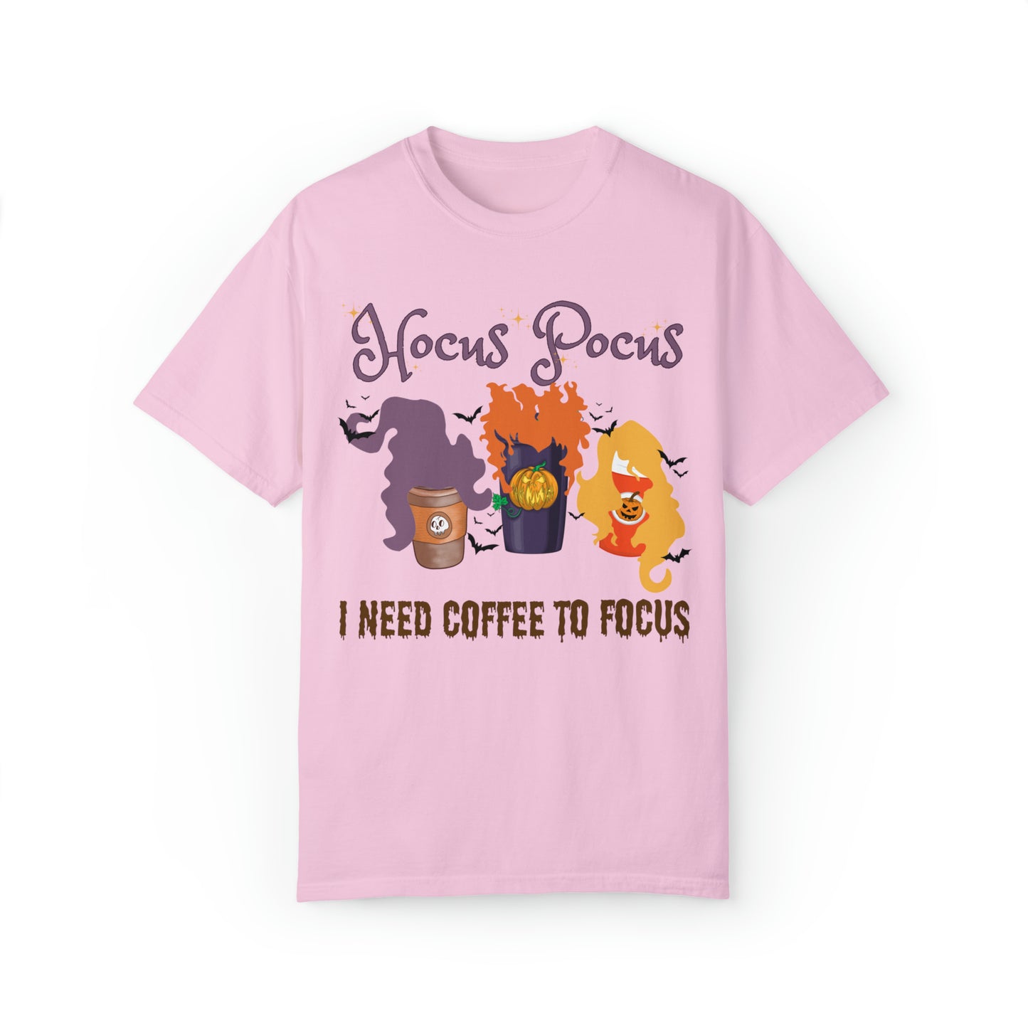 Comfort colors funny hocus pocus I need coffee focus sanderson sisters halloween witch tshirt, groovy retro fall autumn spooky season shirt