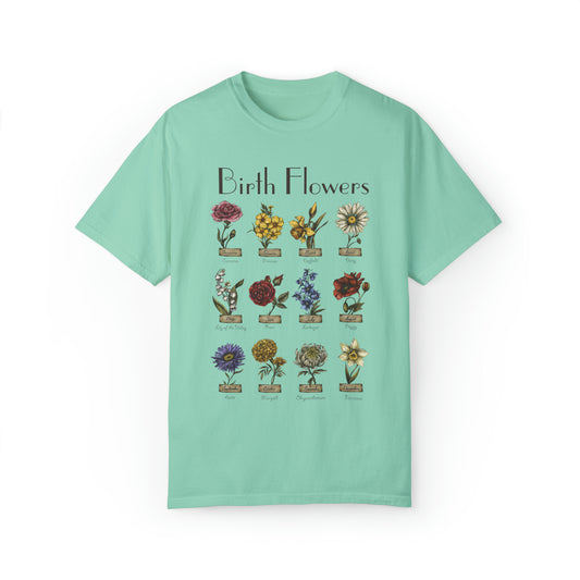 Comfort colors vintage inspired birth flowers tshirt, boho floral shirt, retro hippie garden witch tee,cottagecore style,fairycore, woodland goblincore