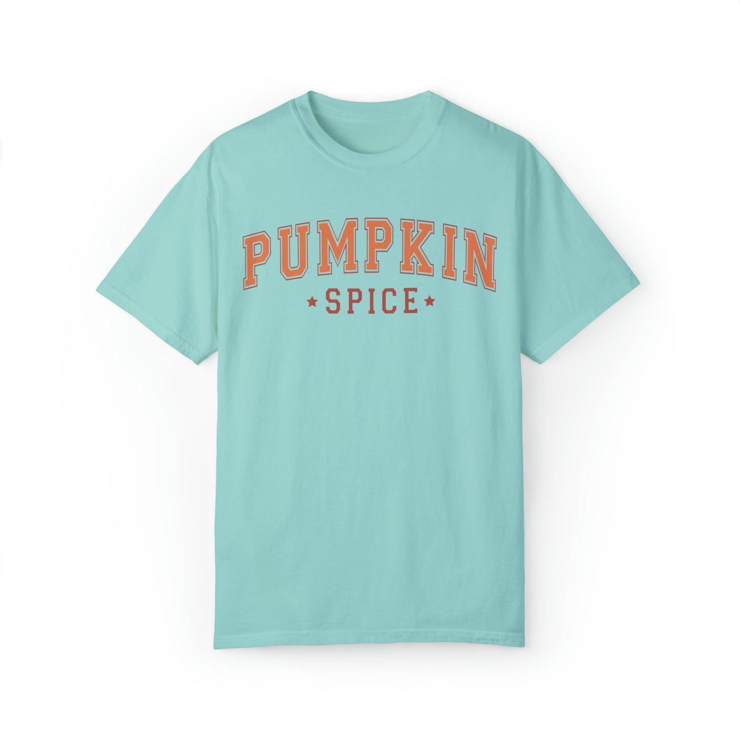 Comfort colors minimalist university style pumpkin spice tshirt, fall thanksgiving shirt, groovy autumn PSL graphic tee, pumpkin spice latte coffee lover