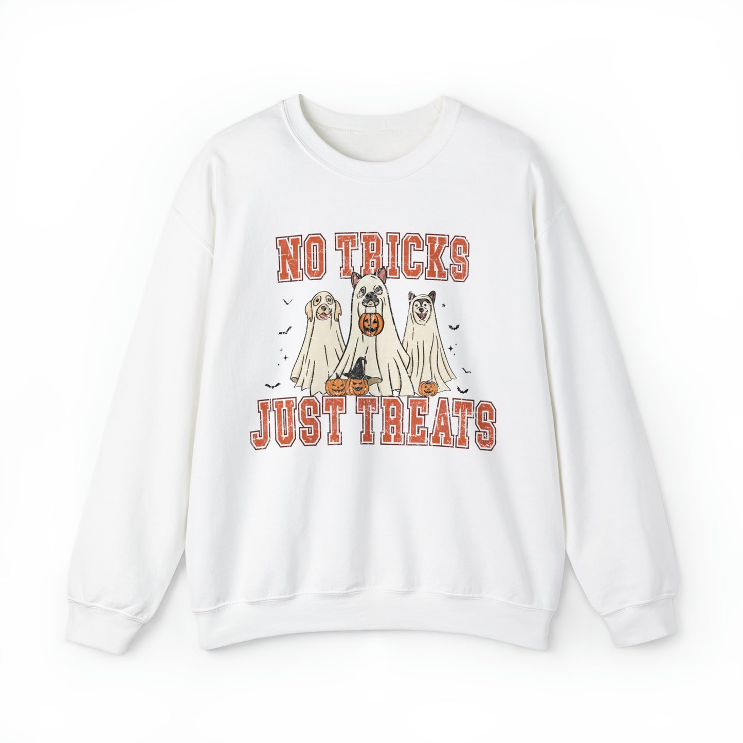 Funny no tricks just treats dog mom puppy person sweatshirt, cute minimalist halloween hoodie, retro ghost sweater, distressed graphic sweats