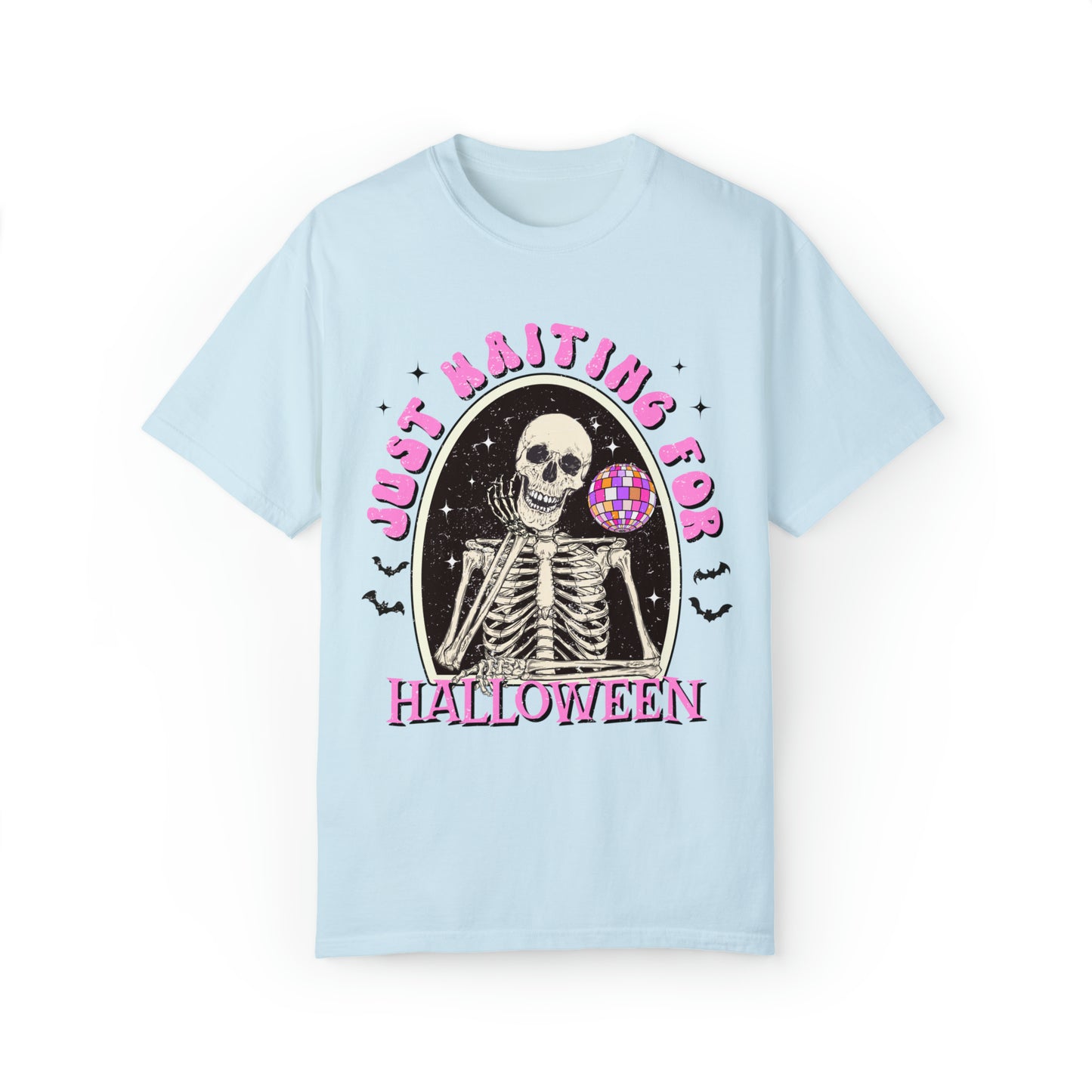 Comfort colors funny skeleton waiting for halloween groovy disco tshirt, retro spooky season fall autumn bats shirt, distressed graphic tee