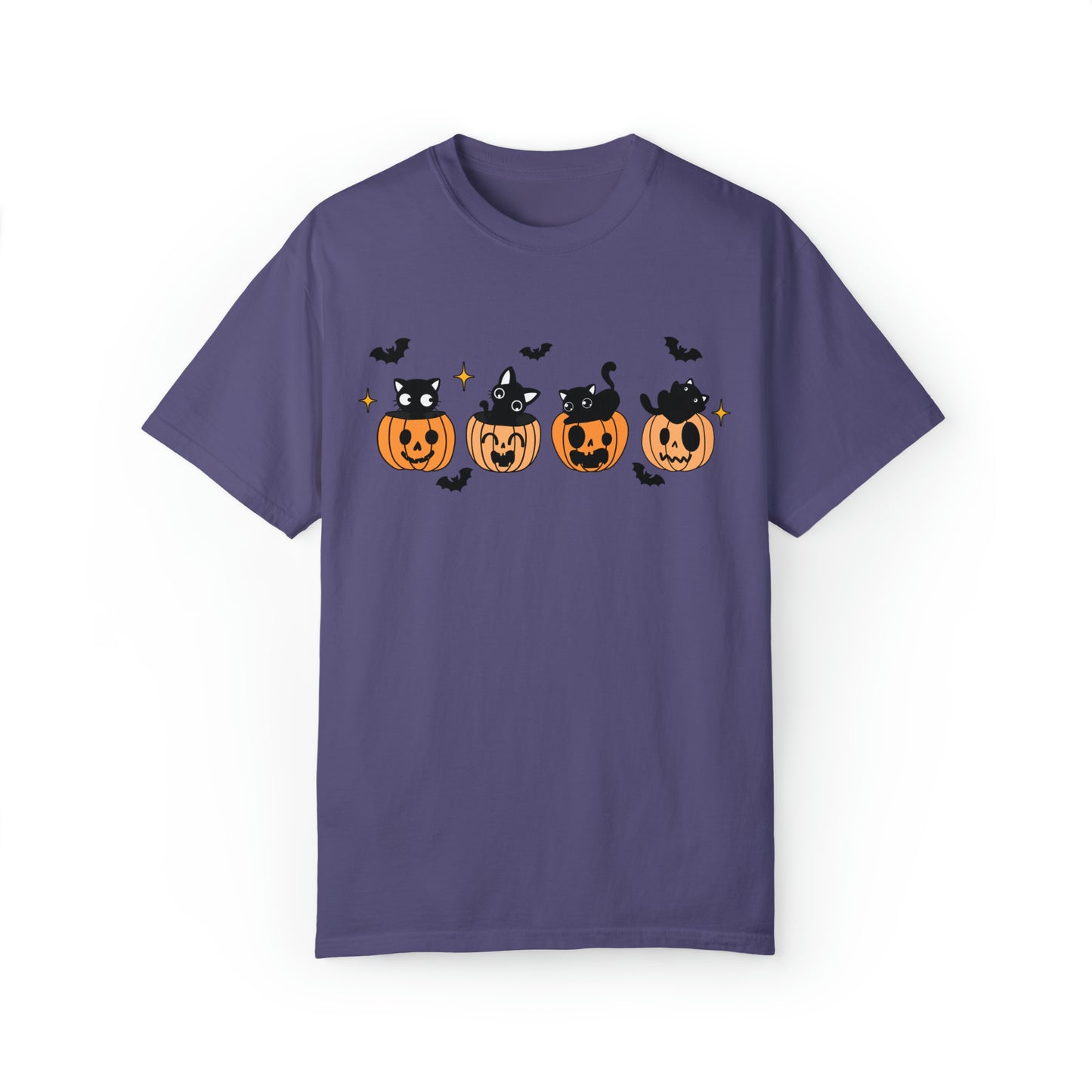 Comfort colors cute kitten halloween tshirt, groovy retro jack o lantern pumpkin bats and black cats shirt, spooky season tee, funny sweet