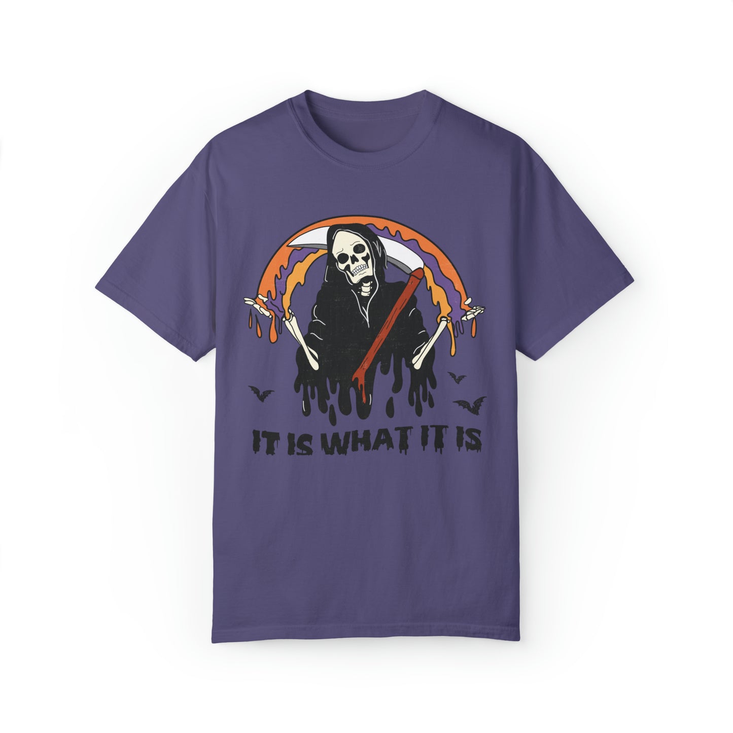 Comfort color funny skeleton grim reaper it is what it is tshirt, groovy meme halloween skeleton shirt, fall autumn graphic tee, death skull