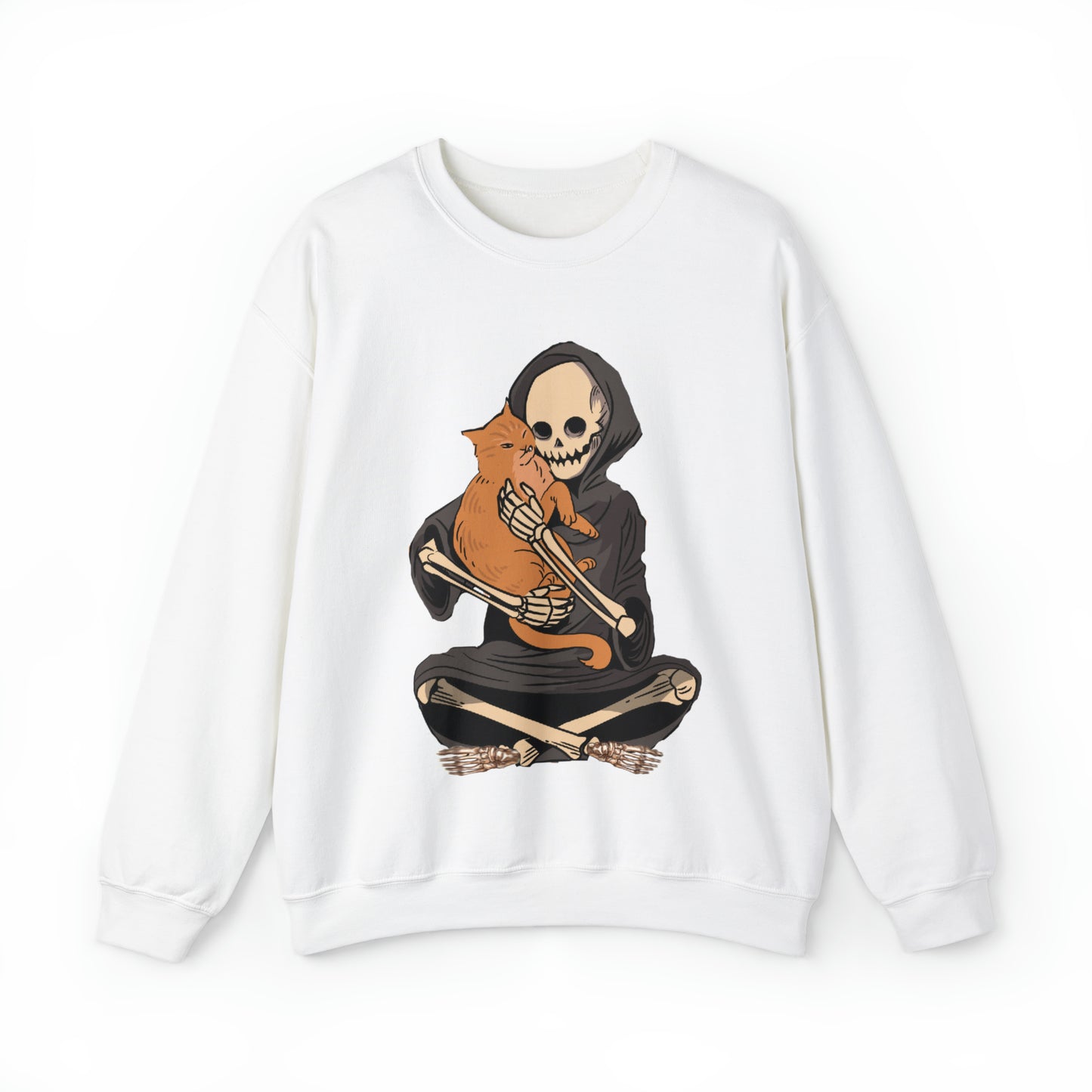 Funny skeleton and cat halloween hoodie, cute skull death kitten lover spooky sweatshirt, boho fall autumn graphic sweater, witchy aesthetic