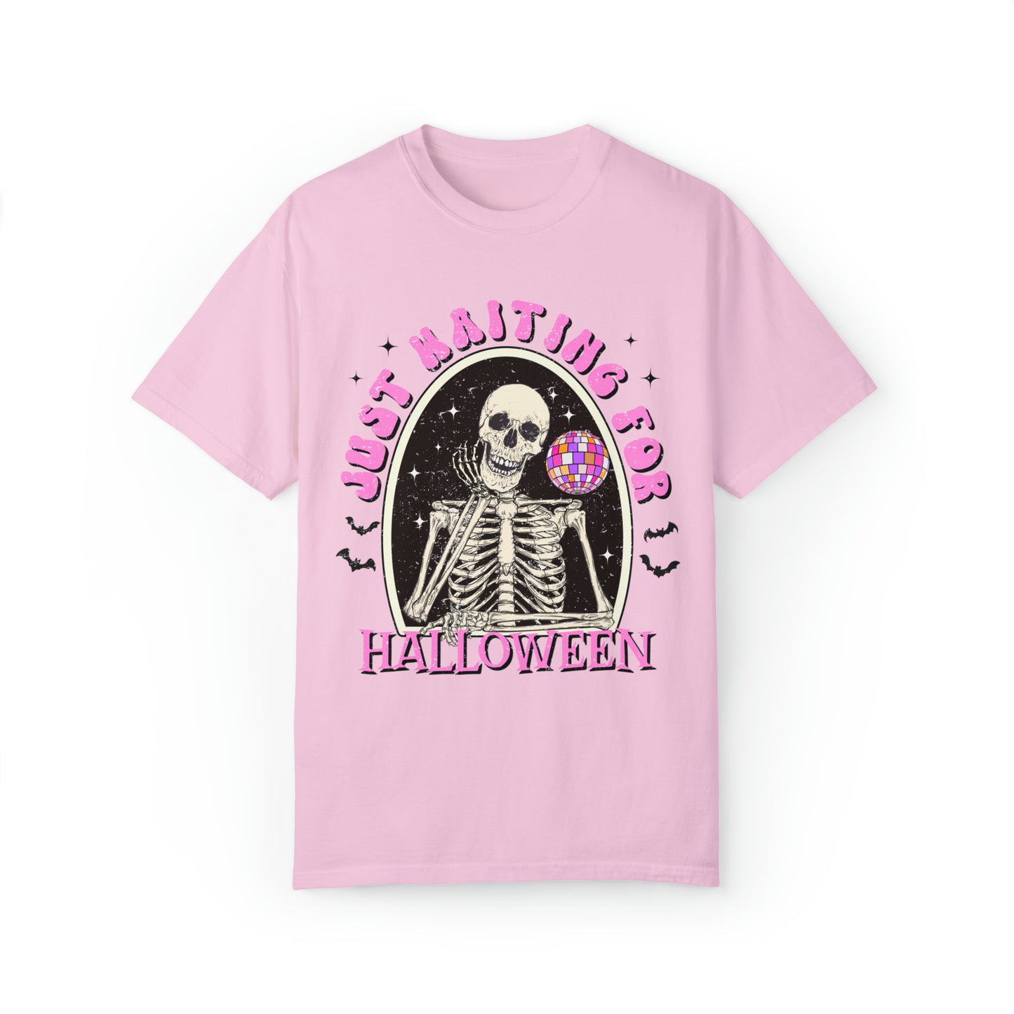 Comfort colors funny skeleton waiting for halloween groovy disco tshirt, retro spooky season fall autumn bats shirt, distressed graphic tee