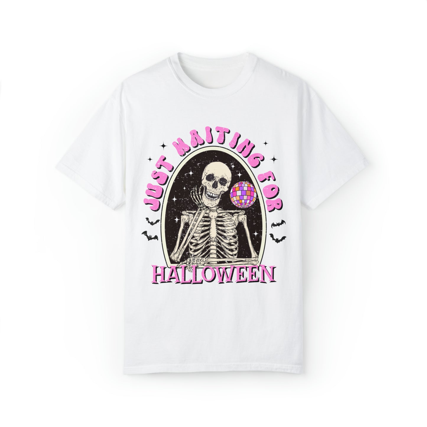 Comfort colors funny skeleton waiting for halloween groovy disco tshirt, retro spooky season fall autumn bats shirt, distressed graphic tee