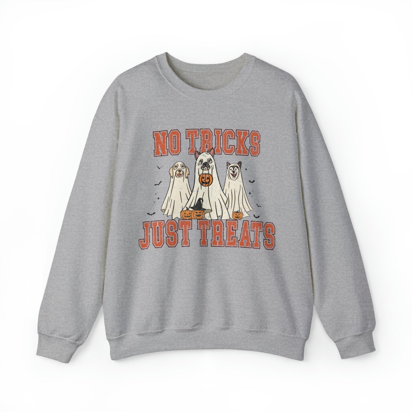 Funny no tricks just treats dog mom puppy person sweatshirt, cute minimalist halloween hoodie, retro ghost sweater, distressed graphic sweats