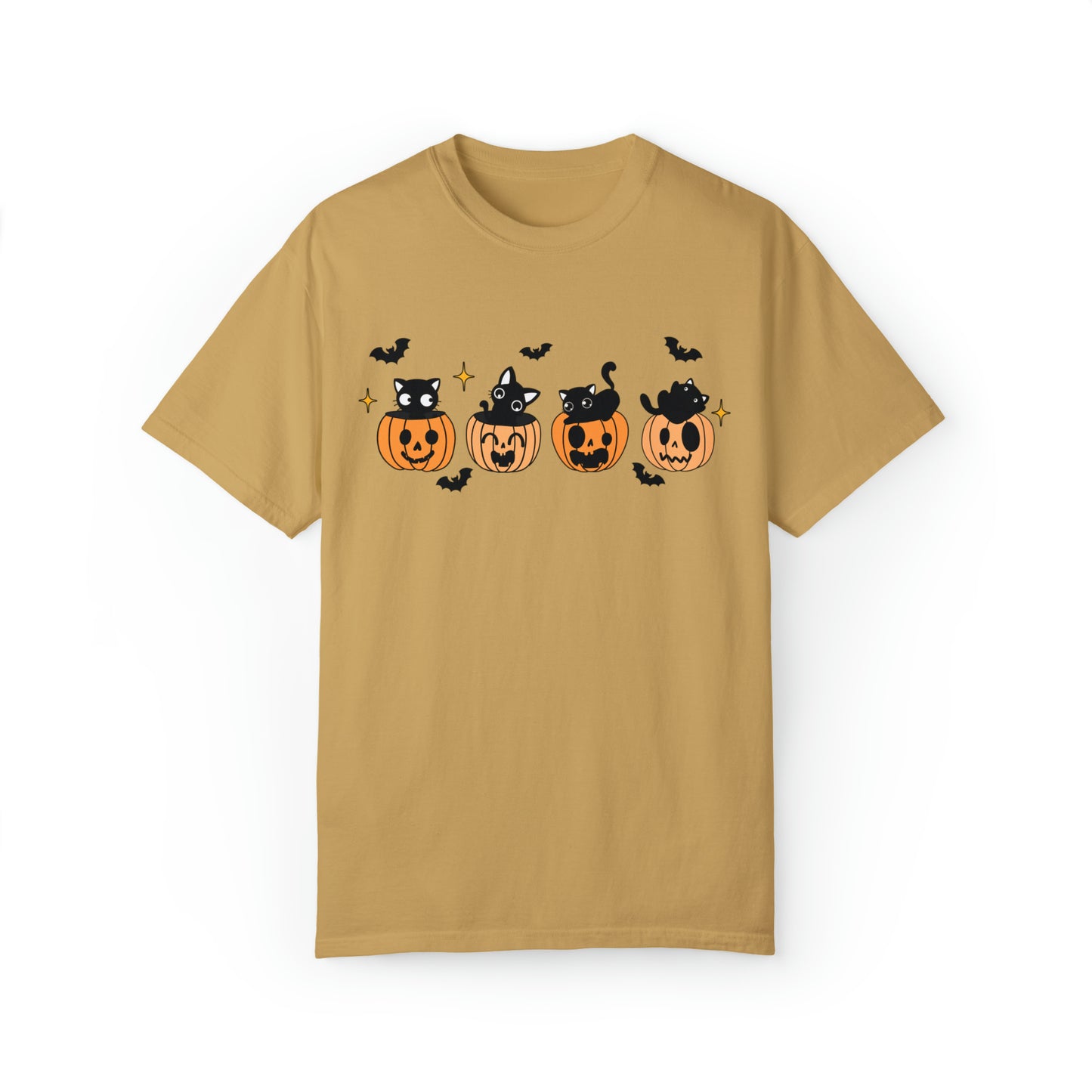 Comfort colors cute kitten halloween tshirt, groovy retro jack o lantern pumpkin bats and black cats shirt, spooky season tee, funny sweet