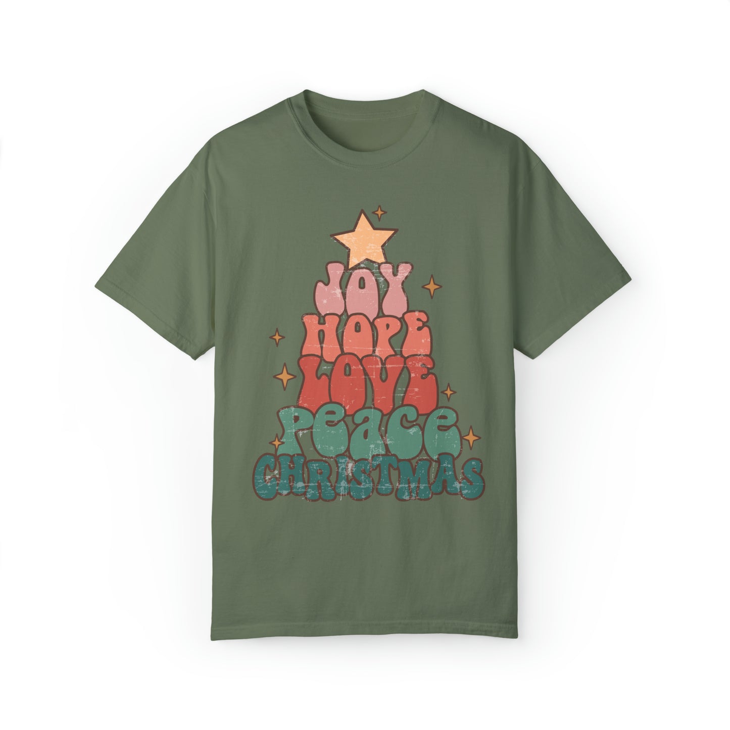 Comfort colors Christmas tree tshirt, Joy, love, hope, peace shirt, retro xmas Holiday Tee, cute festive outfit, groovy retro font