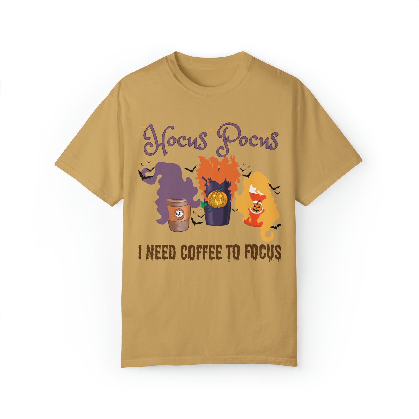 Comfort colors funny hocus pocus I need coffee focus sanderson sisters halloween witch tshirt, groovy retro fall autumn spooky season shirt