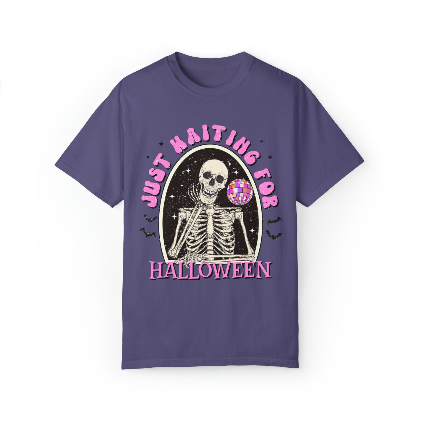 Comfort colors funny skeleton waiting for halloween groovy disco tshirt, retro spooky season fall autumn bats shirt, distressed graphic tee