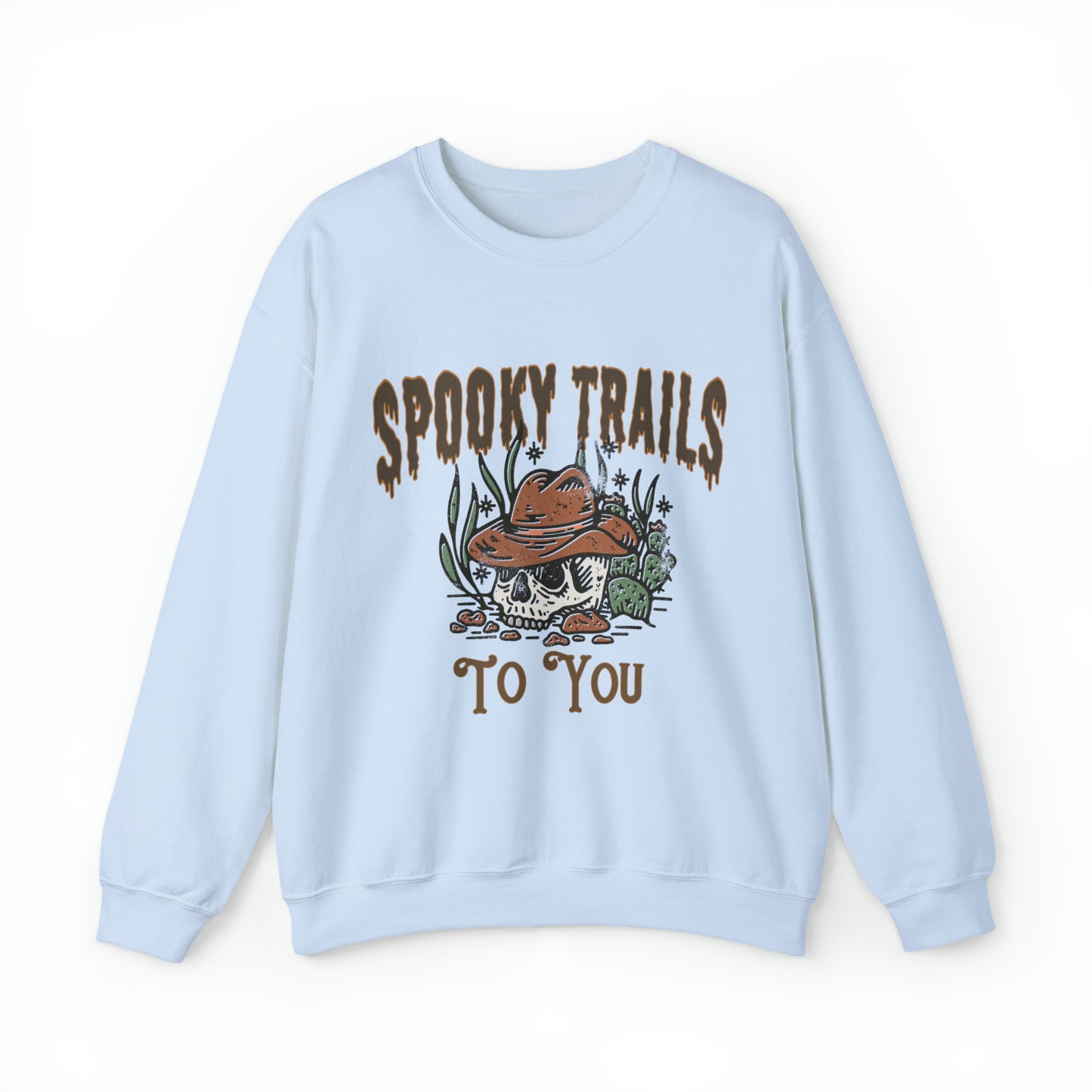 Spooky trails to you western country halloween sweatshirt, funny skeleton cowboy sweater, cute desert cactus hoodie, haunted trendy