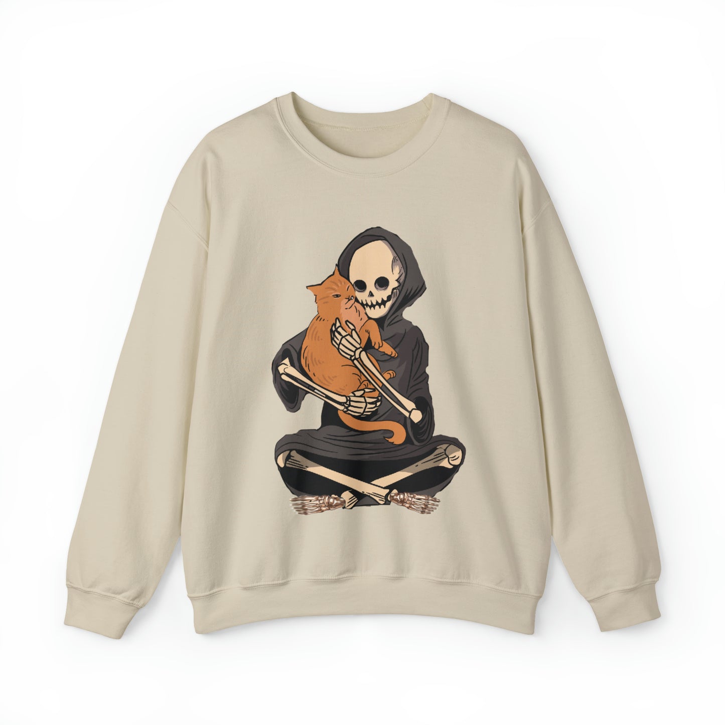 Funny skeleton and cat halloween hoodie, cute skull death kitten lover spooky sweatshirt, boho fall autumn graphic sweater, witchy aesthetic