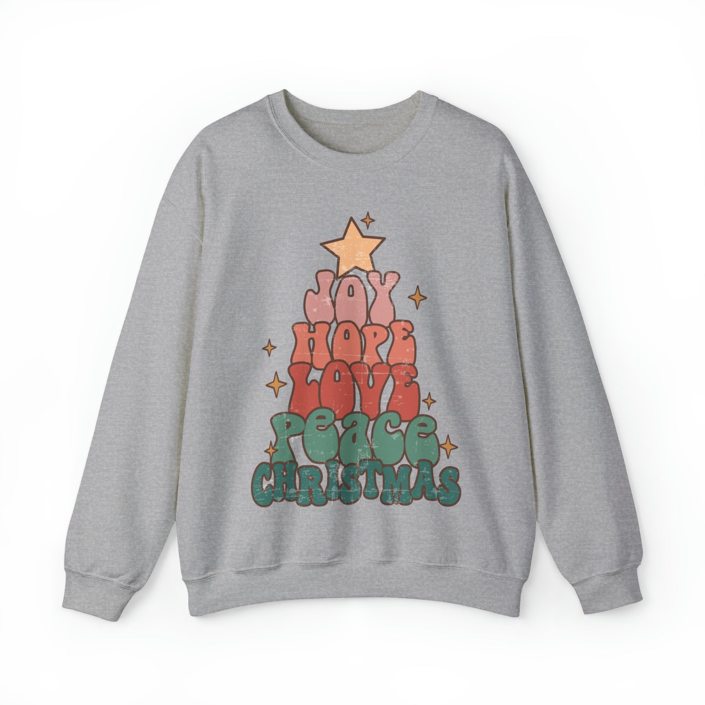 Retro Christmas tree sweatshirt, joy and love sweater, cute vintage inspired distressed graphic xmas hoodie, groovy winter holiday outfit