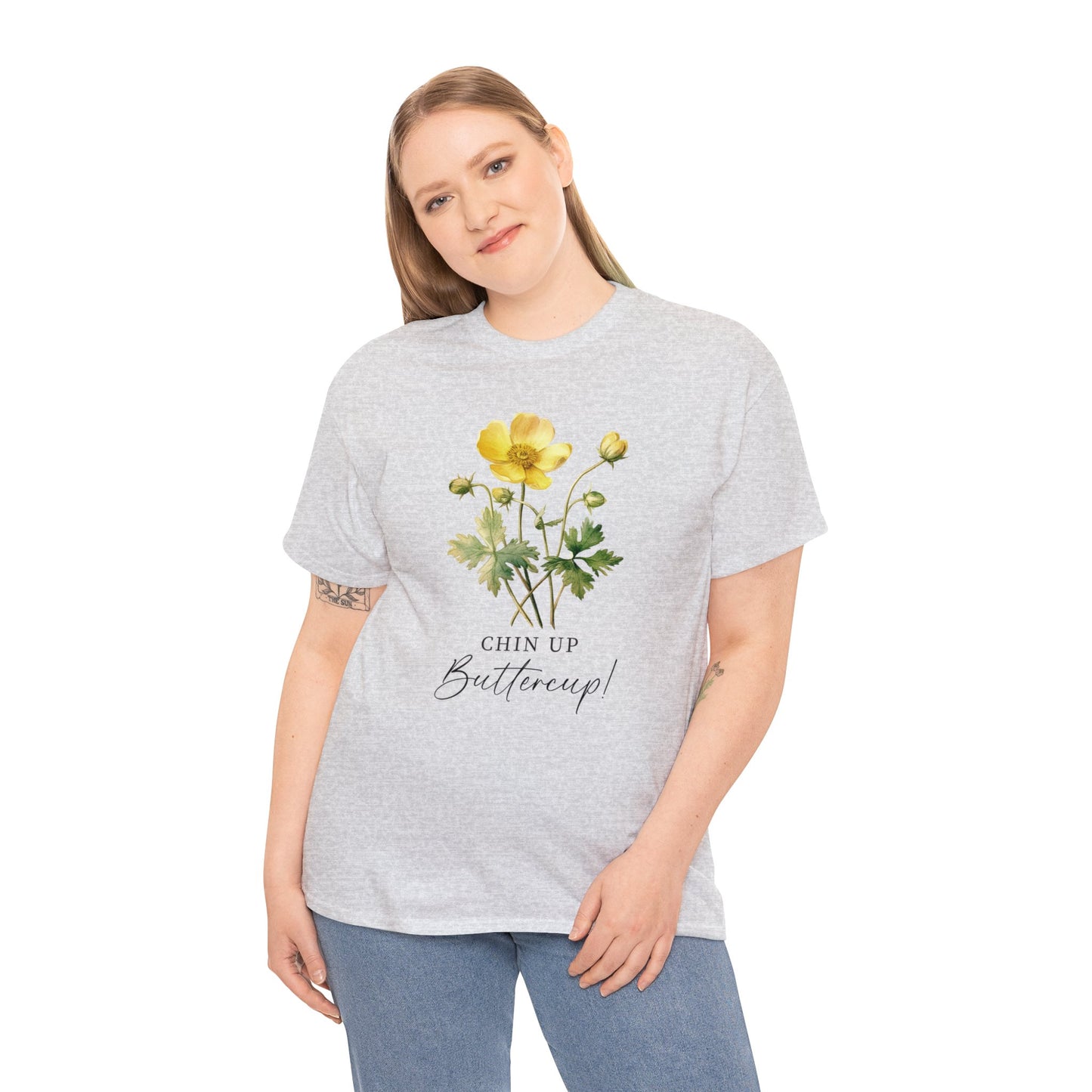 Cute minimalist wildflower tshirt, chin up buttercup postive message shirt, inspirational uplifting good vibe floral tee, happy gift for her