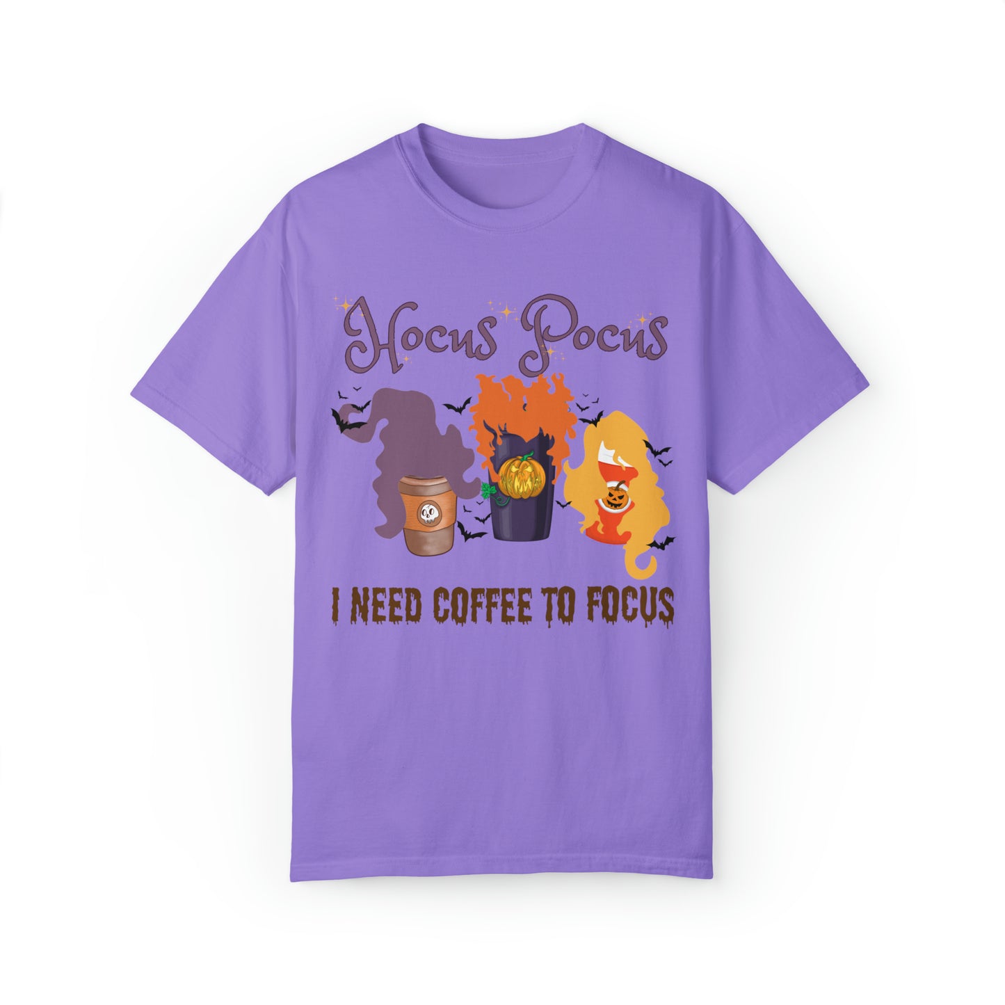 Comfort colors funny hocus pocus I need coffee focus sanderson sisters halloween witch tshirt, groovy retro fall autumn spooky season shirt