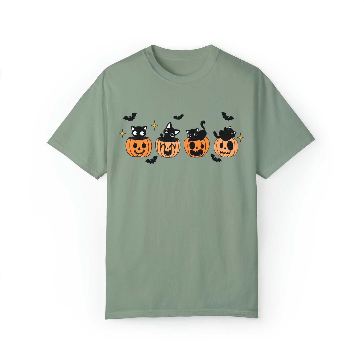 Comfort colors cute kitten halloween tshirt, groovy retro jack o lantern pumpkin bats and black cats shirt, spooky season tee, funny sweet