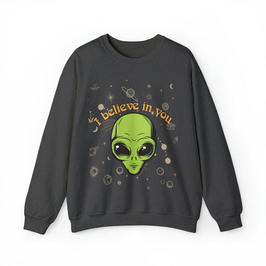 I believe in you positive alien sweatshirt, psychadelic extra terrestrial hoodie, 90s aesthetic good vibes sweater