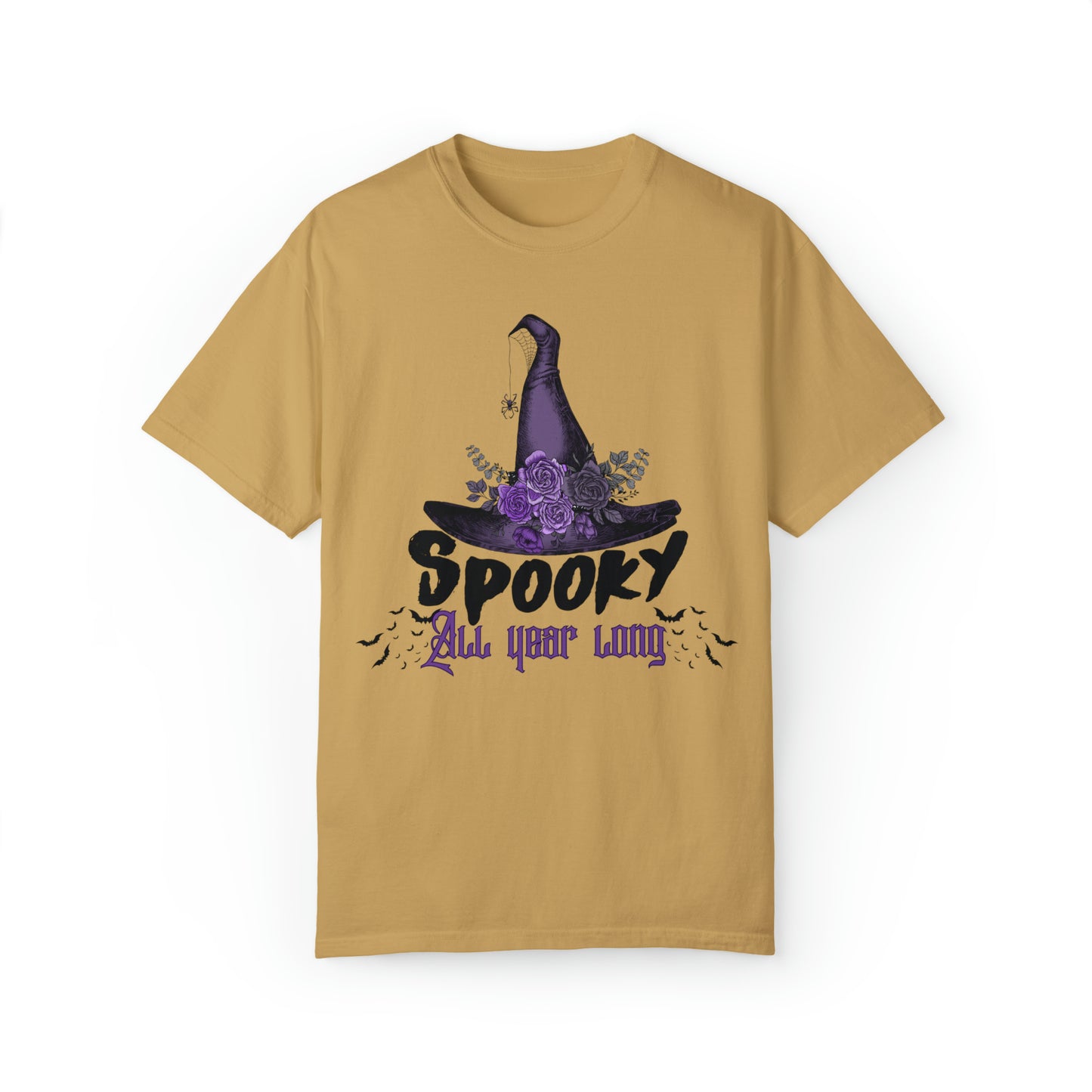 Comfort colors spooky all year long witch hat tshirt, funny halloween hoodie, cute gothic wednesday tee, party costume autumn fall outfit