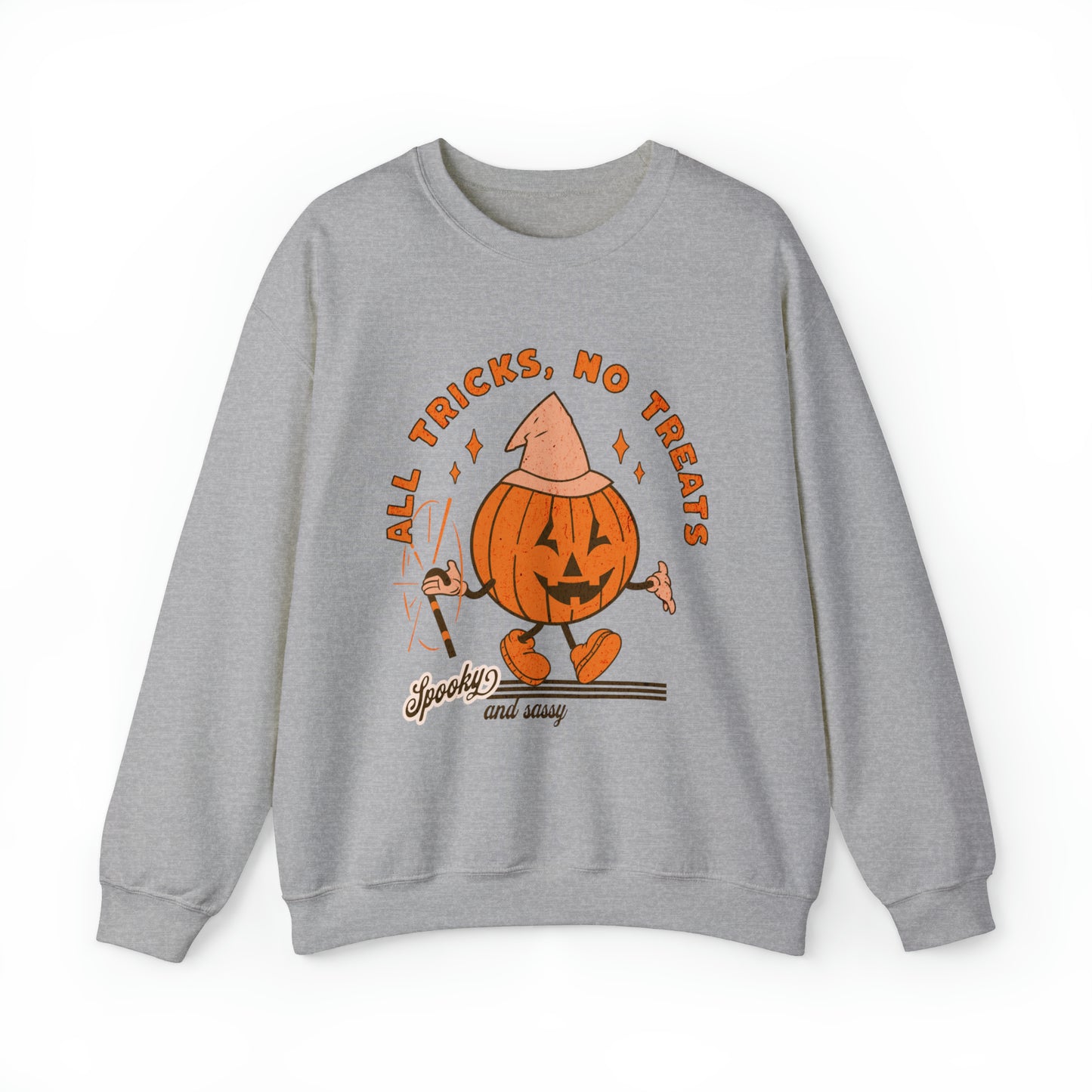 All tricks no treats funny retro groovy pumpkin sweatshirt, vintage inspired pumpkin halloween hoodie, spooky season sassy sweater