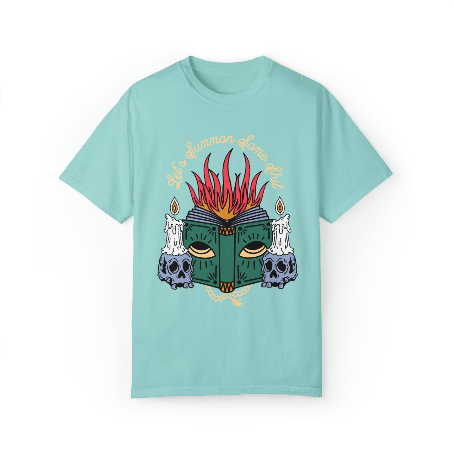 Comfort colors funny demonic lets summon some shit spell book tshirt, spooky season halloween shirt, witchy aesthetic tee, retro fall autumn