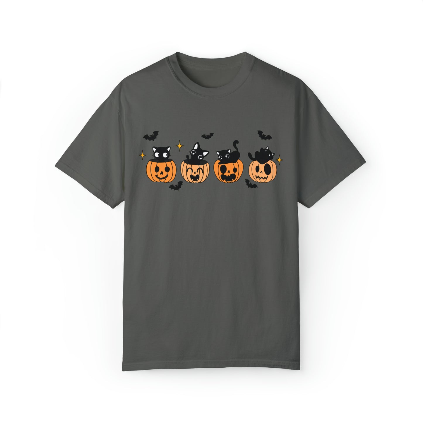 Comfort colors cute kitten halloween tshirt, groovy retro jack o lantern pumpkin bats and black cats shirt, spooky season tee, funny sweet