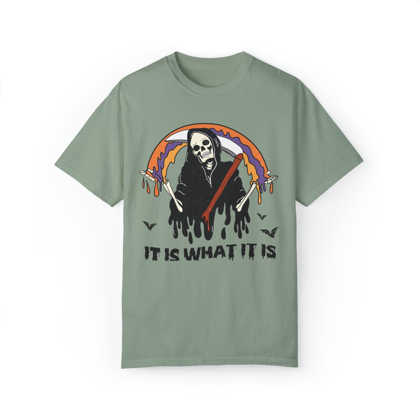 Comfort color funny skeleton grim reaper it is what it is tshirt, groovy meme halloween skeleton shirt, fall autumn graphic tee, death skull