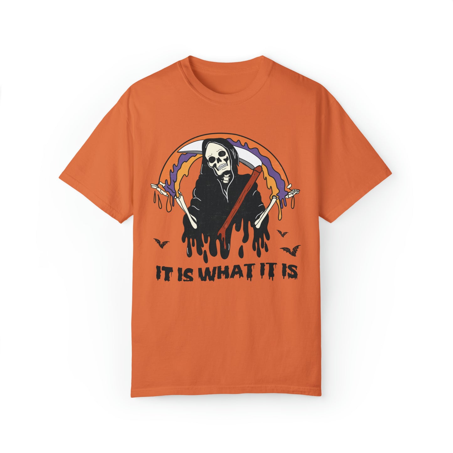 Comfort color funny skeleton grim reaper it is what it is tshirt, groovy meme halloween skeleton shirt, fall autumn graphic tee, death skull