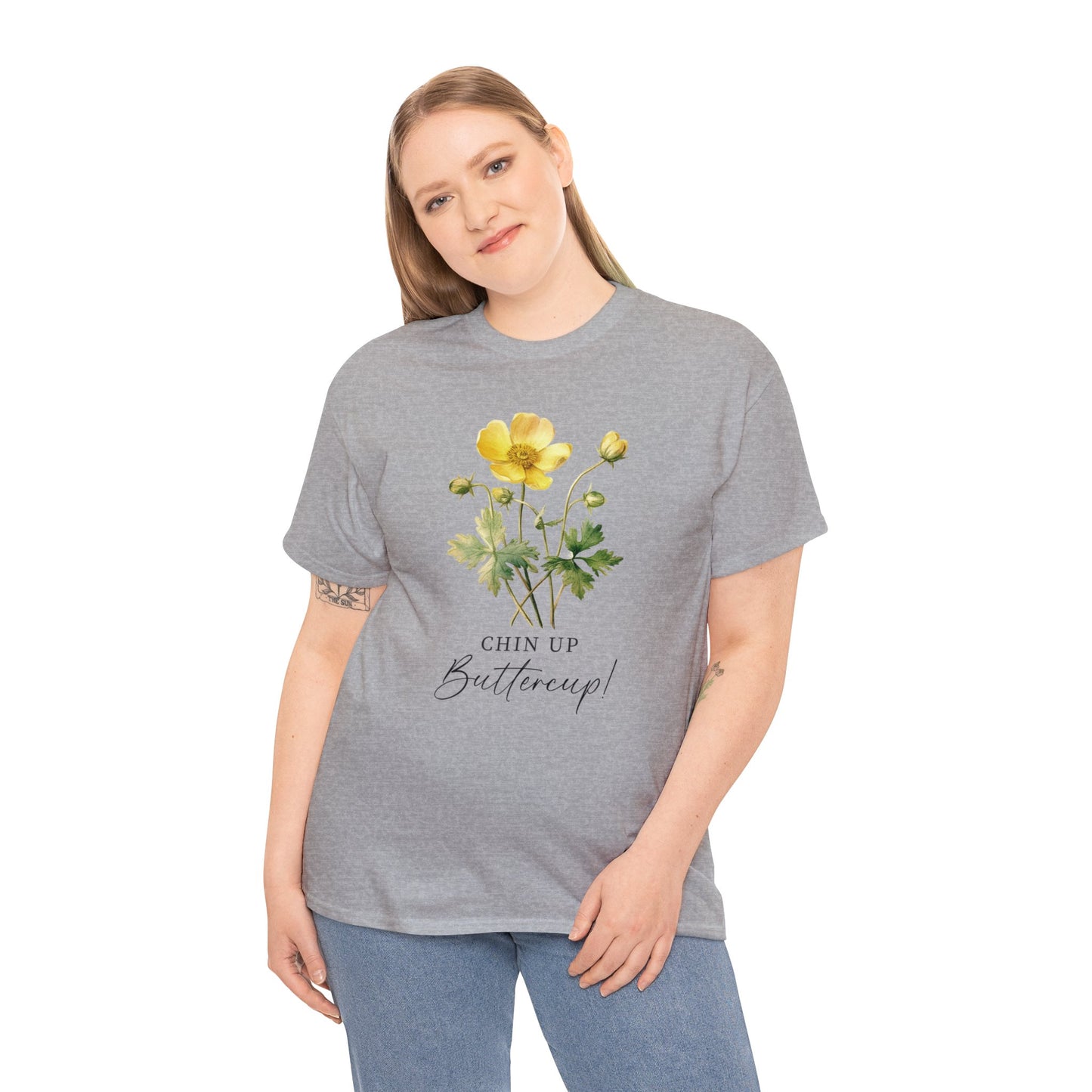 Cute minimalist wildflower tshirt, chin up buttercup postive message shirt, inspirational uplifting good vibe floral tee, happy gift for her