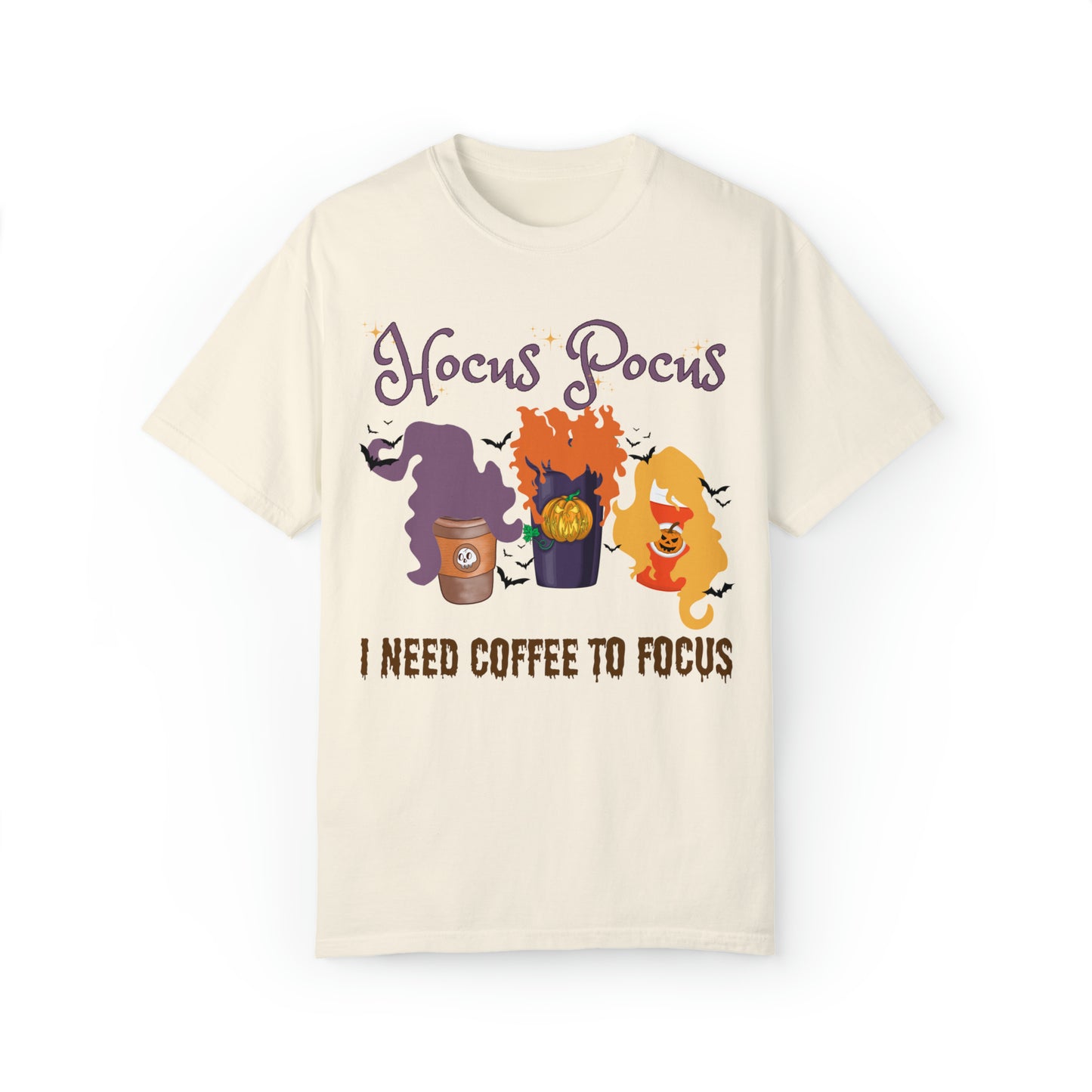 Comfort colors funny hocus pocus I need coffee focus sanderson sisters halloween witch tshirt, groovy retro fall autumn spooky season shirt