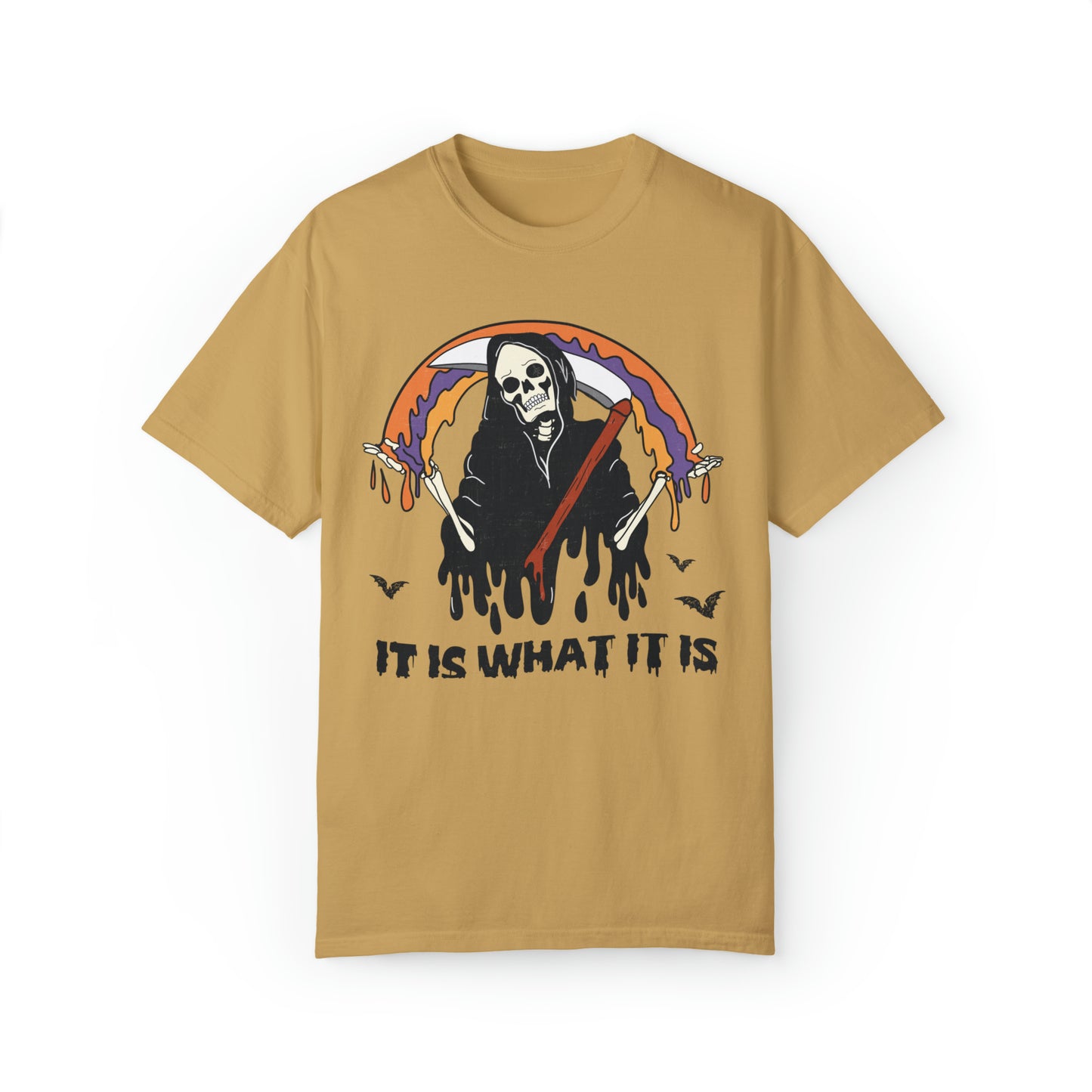 Comfort color funny skeleton grim reaper it is what it is tshirt, groovy meme halloween skeleton shirt, fall autumn graphic tee, death skull