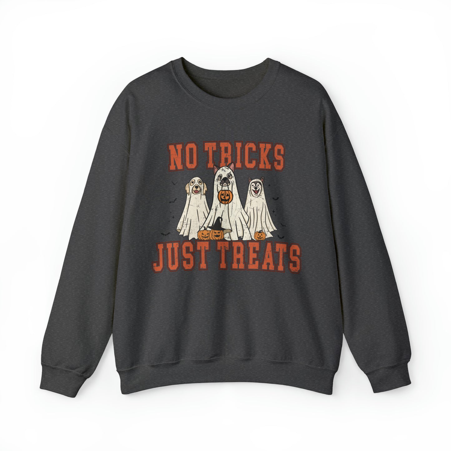 Funny no tricks just treats dog mom puppy person sweatshirt, cute minimalist halloween hoodie, retro ghost sweater, distressed graphic sweats