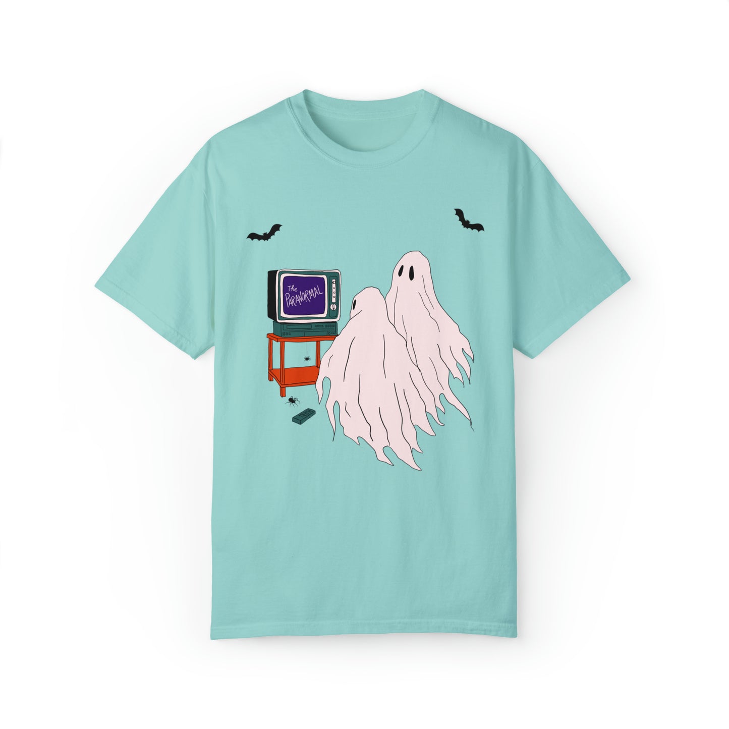 Comfort color spooky ghost tshirt, paranormal tv shirt, cute ghosts ghouls watching television, witchy aesthetic, Halloween haunted house graphic tee