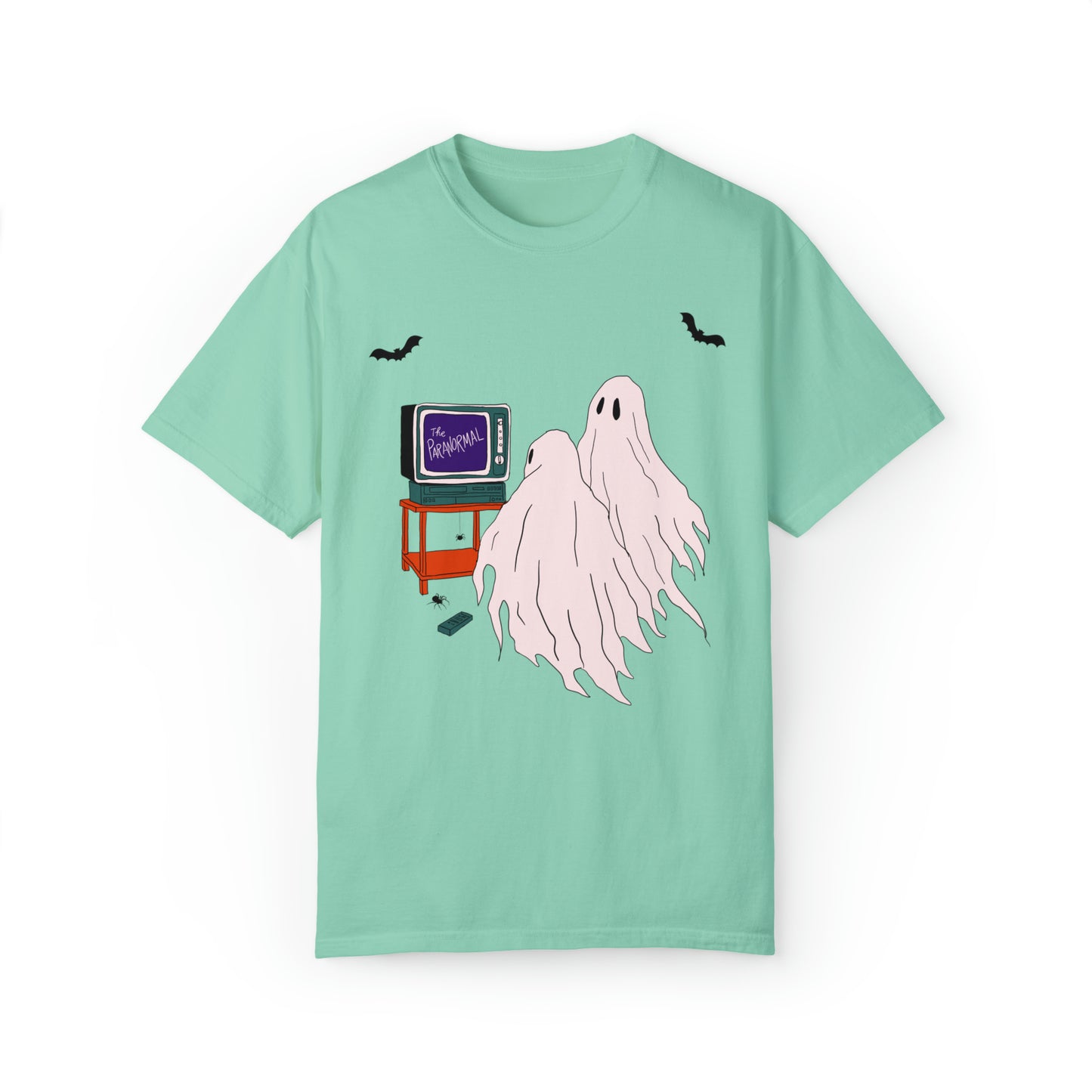 Comfort color spooky ghost tshirt, paranormal tv shirt, cute ghosts ghouls watching television, witchy aesthetic, Halloween haunted house graphic tee