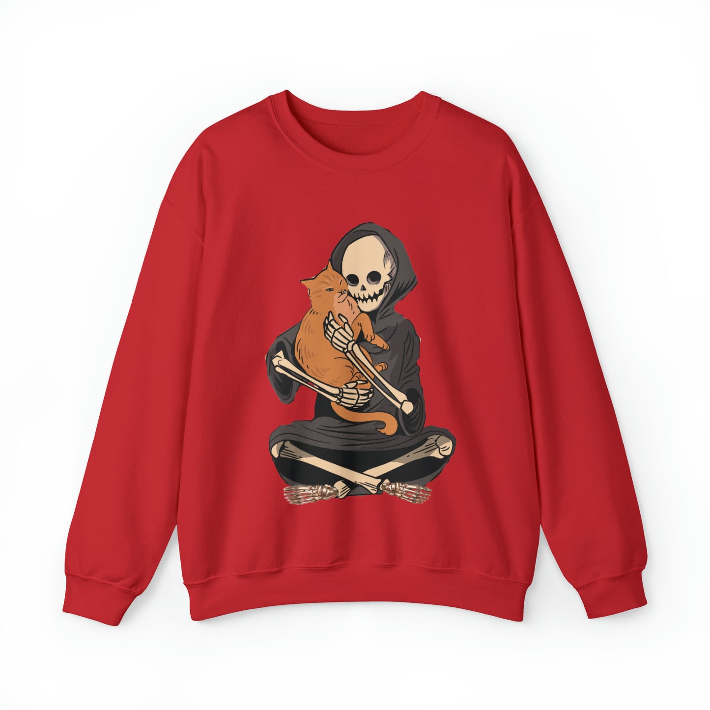 Funny skeleton and cat halloween hoodie, cute skull death kitten lover spooky sweatshirt, boho fall autumn graphic sweater, witchy aesthetic