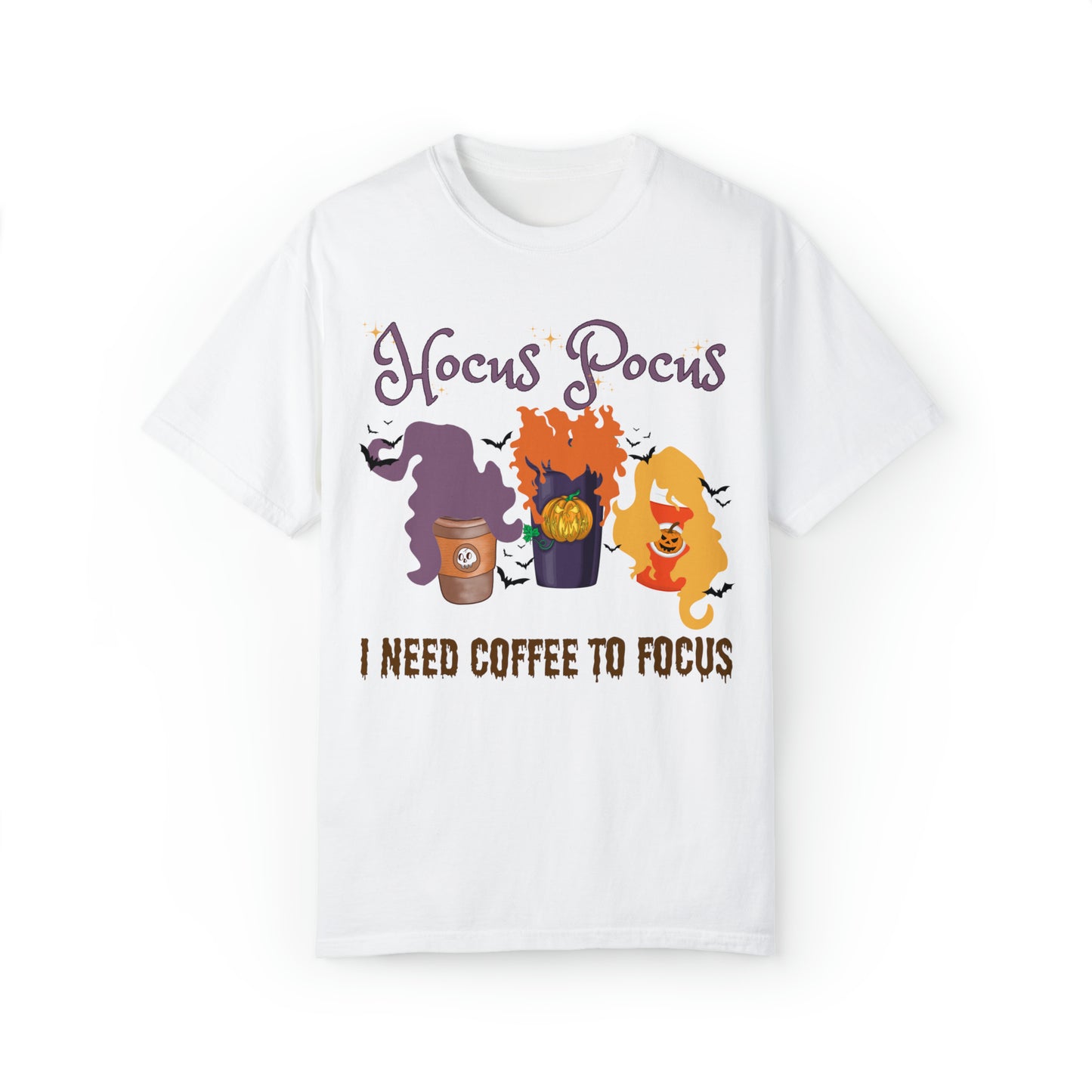 Comfort colors funny hocus pocus I need coffee focus sanderson sisters halloween witch tshirt, groovy retro fall autumn spooky season shirt