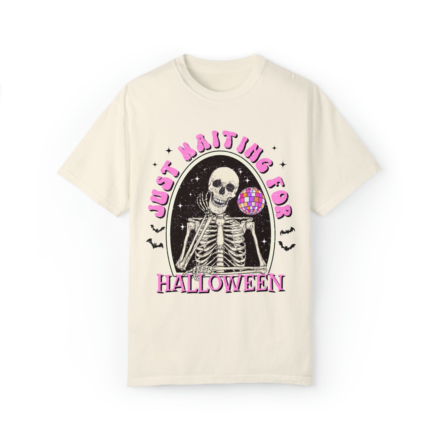 Comfort colors funny skeleton waiting for halloween groovy disco tshirt, retro spooky season fall autumn bats shirt, distressed graphic tee