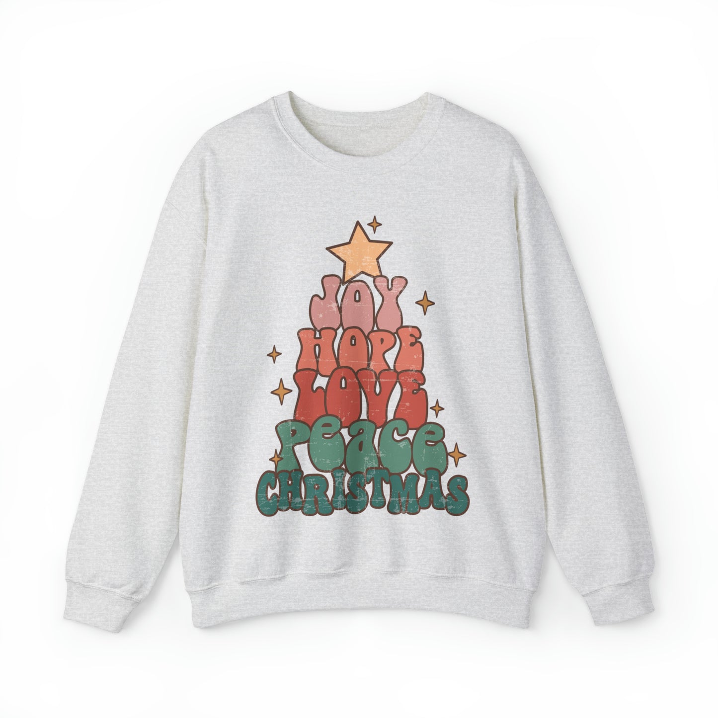 Retro Christmas tree sweatshirt, joy and love sweater, cute vintage inspired distressed graphic xmas hoodie, groovy winter holiday outfit