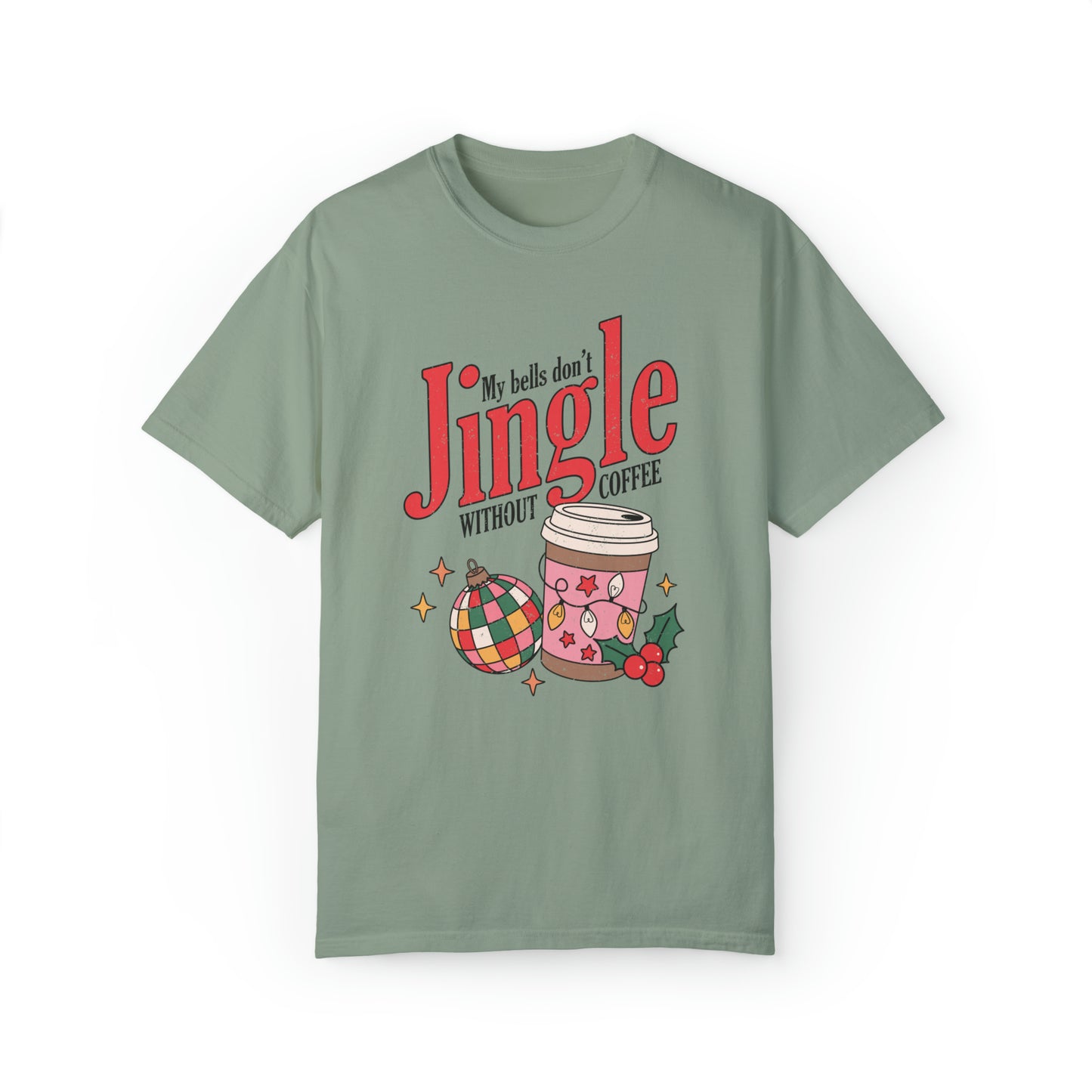 Comfort colors cute coffee lovers christmas shirt, funny jingle bells holiday tshirt, retro groovy disco xmas graphic tee, festive tis the season santa outfit