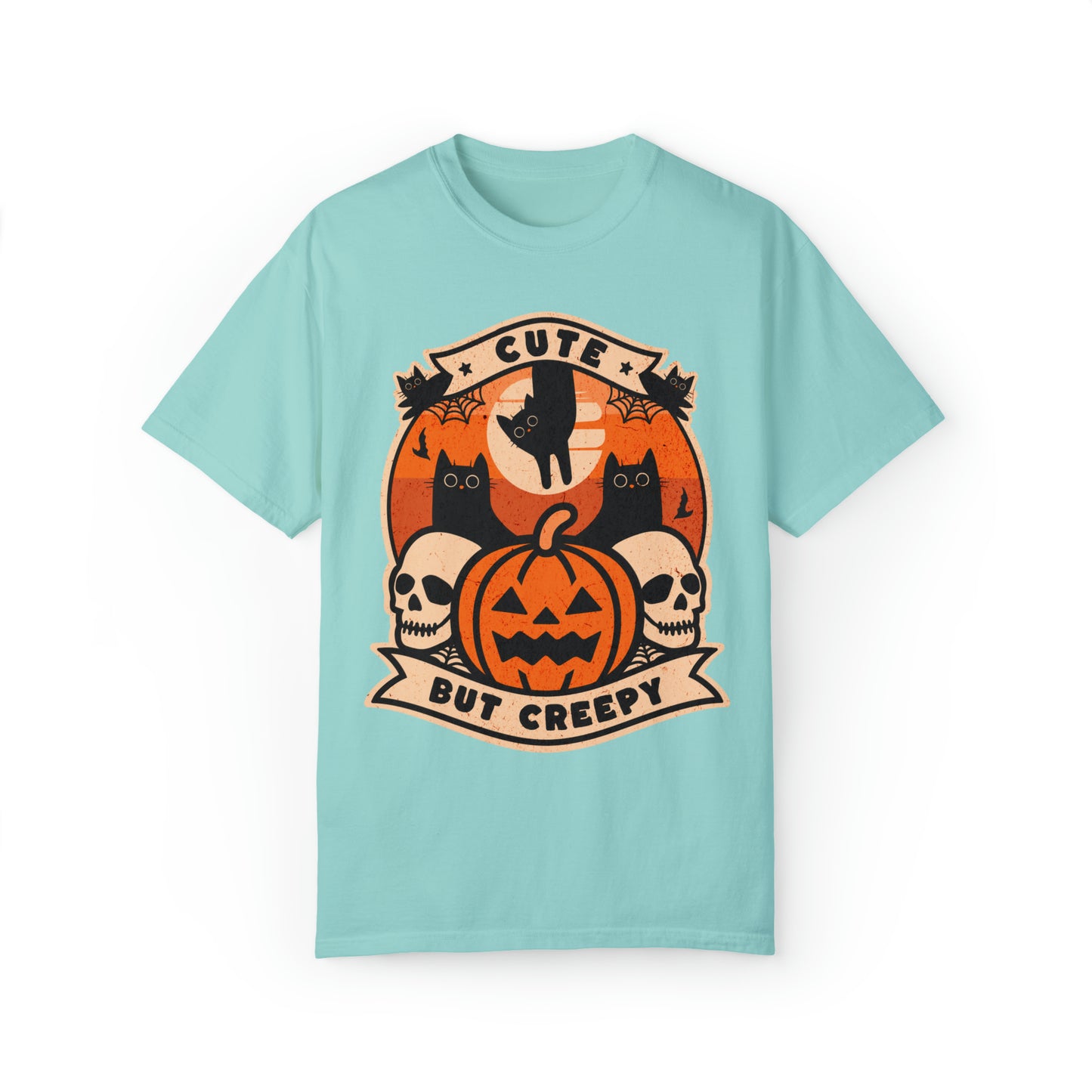 Comfort colors Cute but creepy black cat and skulls halloween tshirt, funny skeleton pupkmin spooky season shirt distressed fall graphic tee